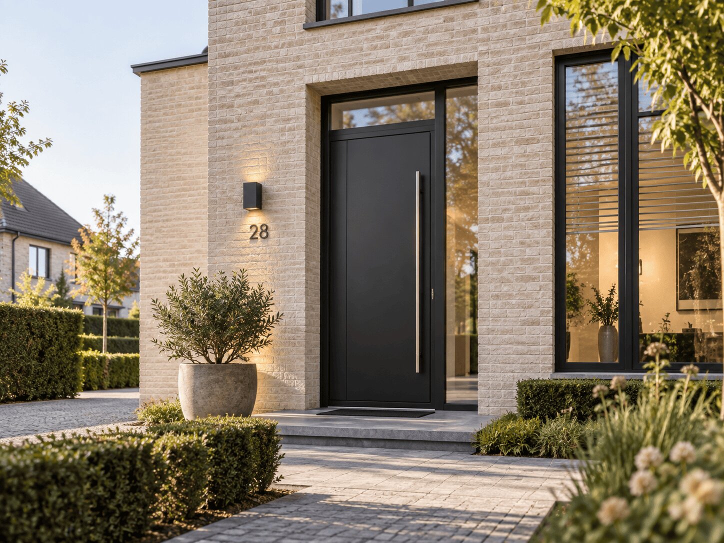 Maison moderne avec une entrée éclairée au crépuscule