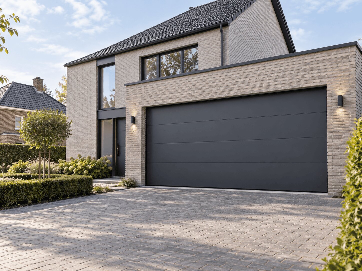 Villa contemporaine avec un garage intégré, de nuit