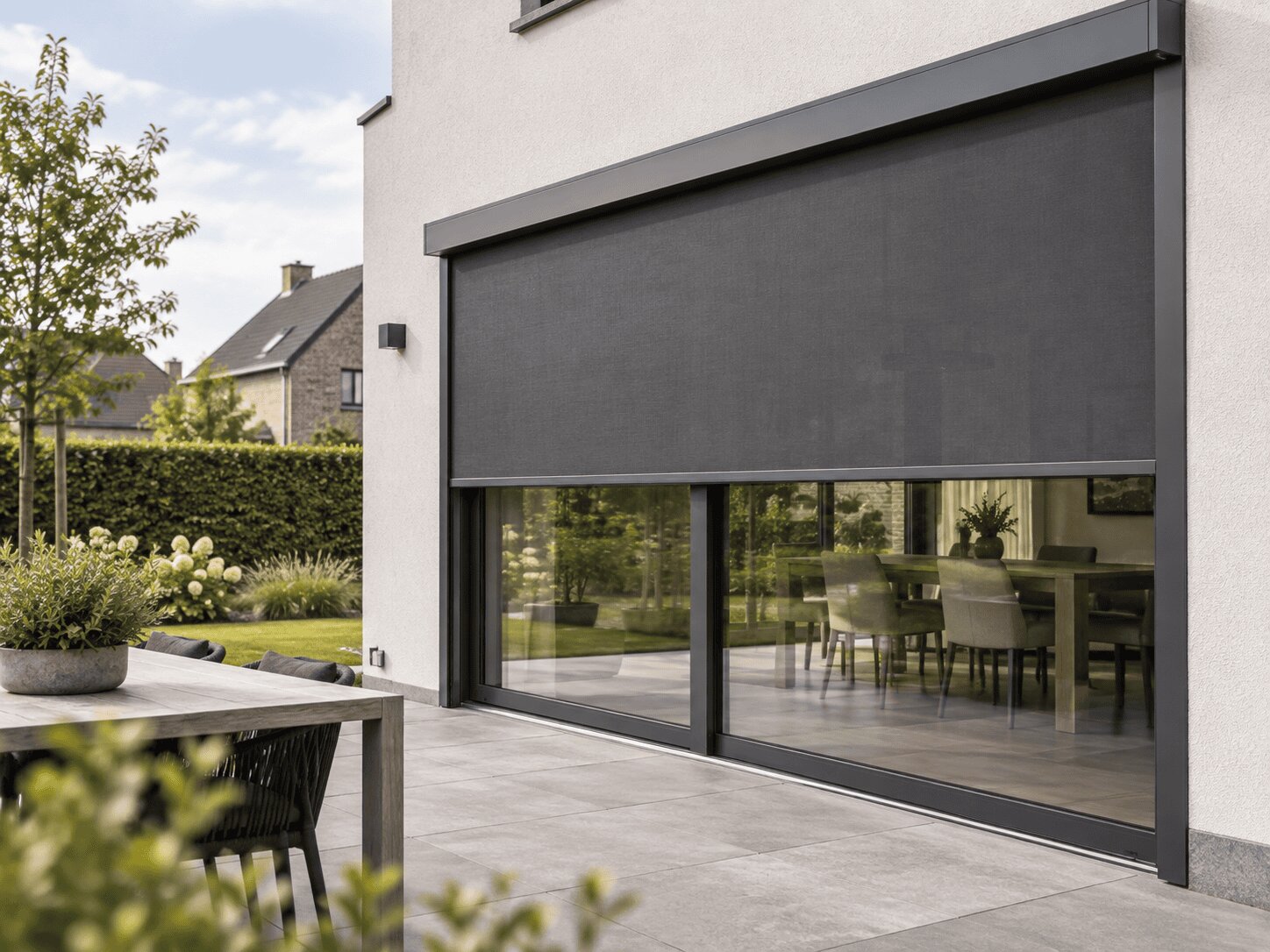 Famille se détendant sur une terrasse derrière une porte moustiquaire ouverte