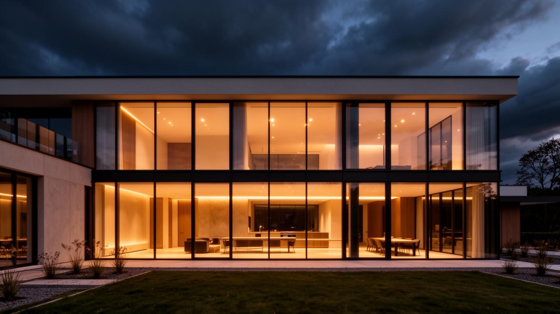 Villa contemporaine avec une grande façade vitrée illuminée au crépuscule